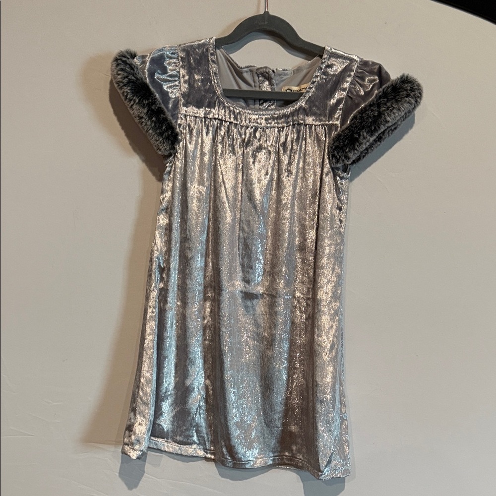 Appaman Silver Metallic Dress with Faux Fur Sleeves